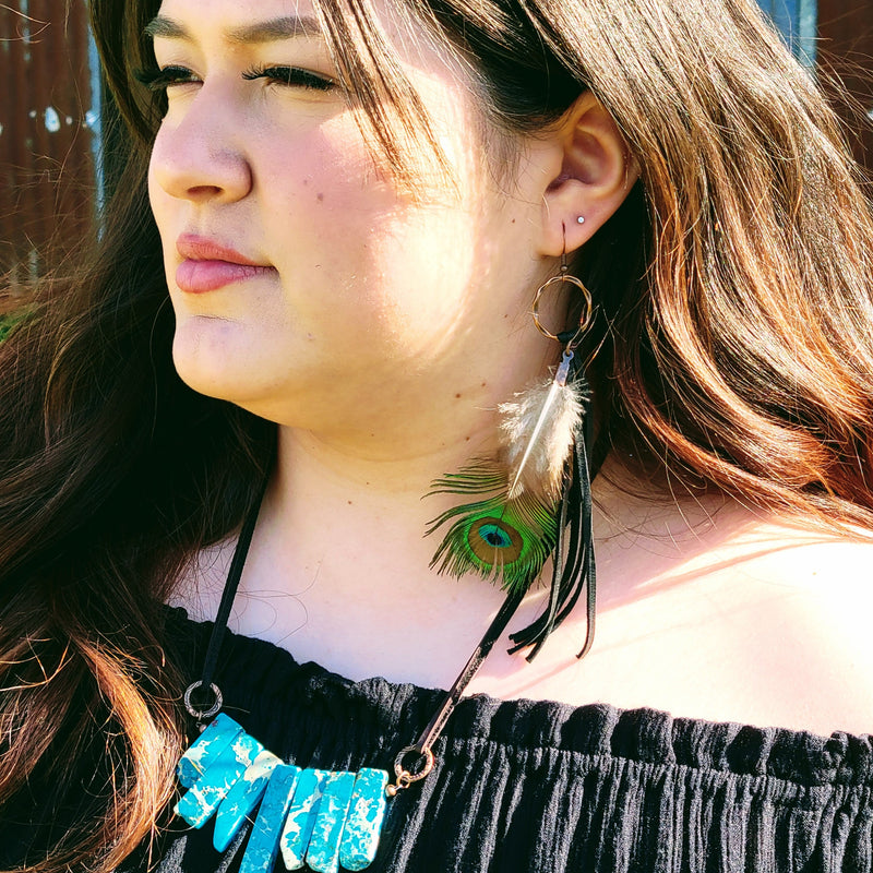 Brown Deer Skin Leather Tassel Earring Peacock Feather 219h