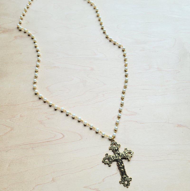 **Pearl Long Beaded Necklace with Antique Gold Cross 255tt