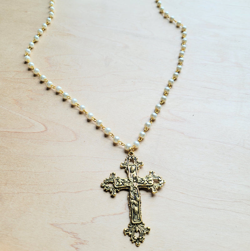 **Pearl Long Beaded Necklace with Antique Gold Cross 255tt