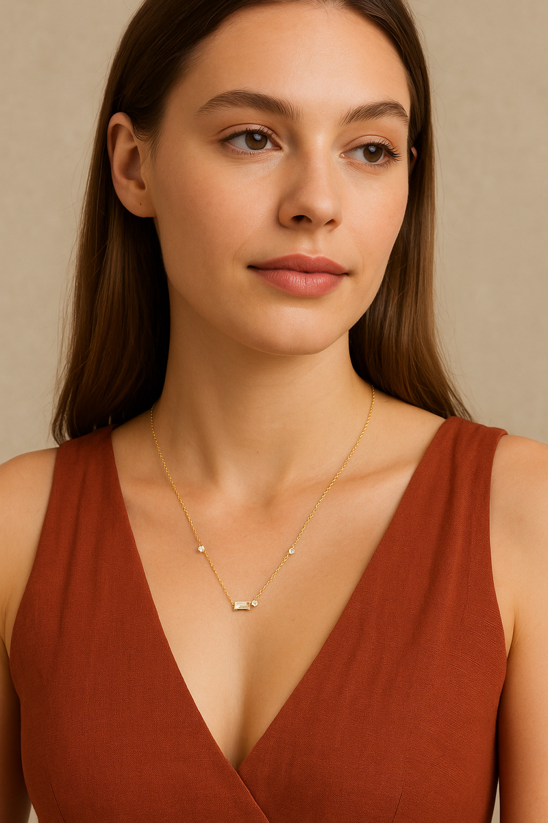 Starluxe Delicate Necklace with Three Round Cut and One Emerald Cut Cubic Zirconia Stones-Crystal Dream Necklace