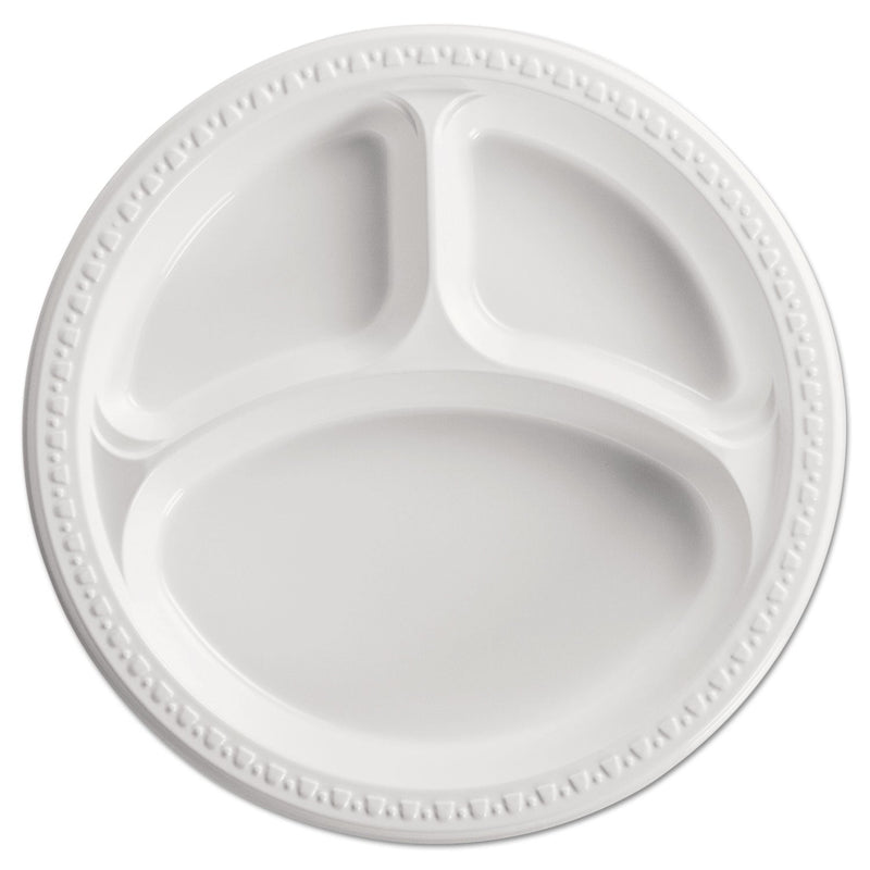 Chinet Heavyweight Plastic 3-Compartment Plates, 10.25" dia, White, 125/Pack, 4 Packs/Carton