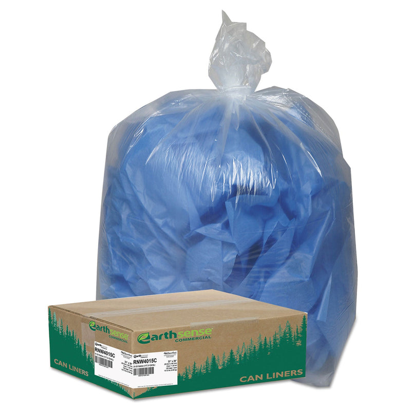 Earthsense Linear Low Density Clear Recycled Can Liners, 33 gal, 1.25 mil, 33" x 39", Clear, 100/Carton