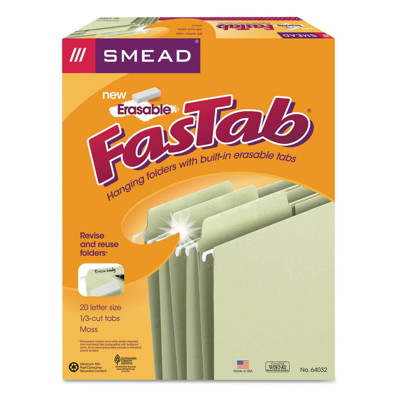 Smead Erasable FasTab Hanging Folders, Letter Size, 1/3-Cut Tabs, Moss, 20/Box