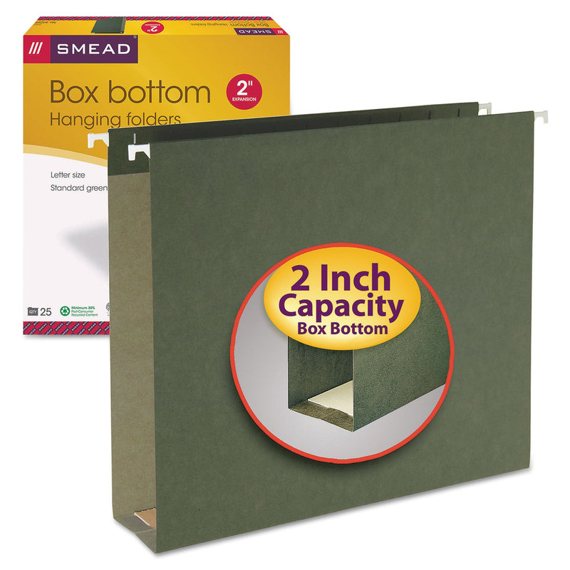 Smead Box Bottom Hanging File Folders, 2" Capacity, Letter Size, Standard Green, 25/Box