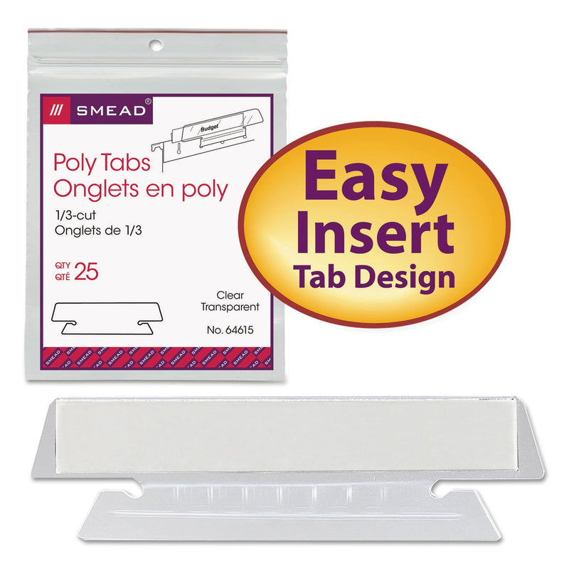 Smead Poly Index Tabs and Inserts For Hanging File Folders, 1/3-Cut, White/Clear, 3.5" Wide, 25/Pack