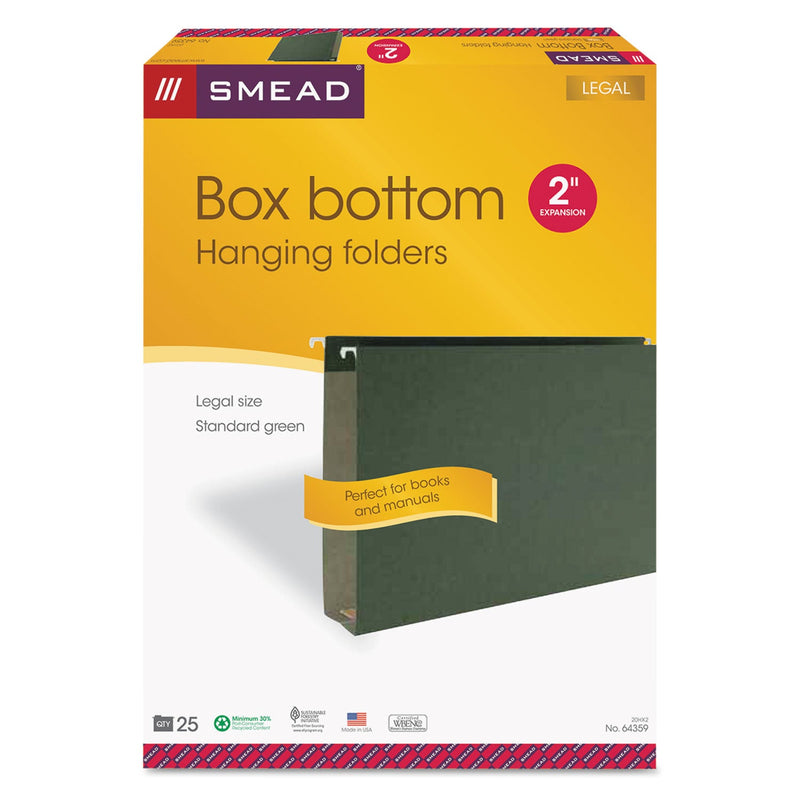 Smead Box Bottom Hanging File Folders, 2" Capacity, Legal Size, Standard Green, 25/Box