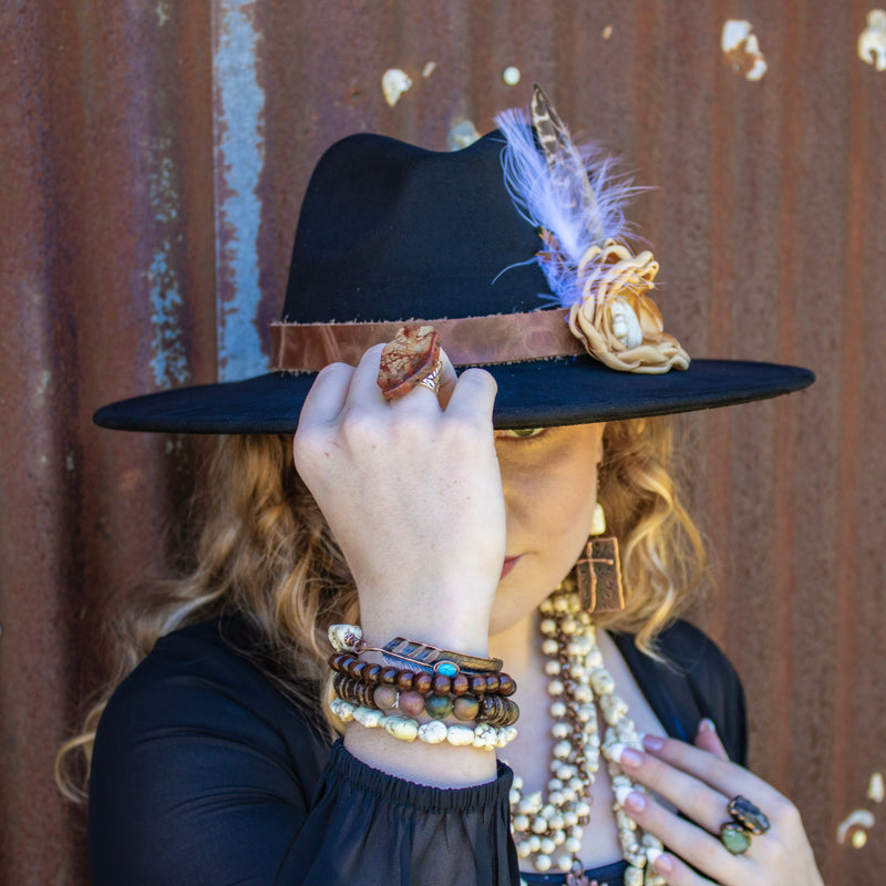 White Chunky Turquoise Beaded Bracelet on Copper Feather 810s