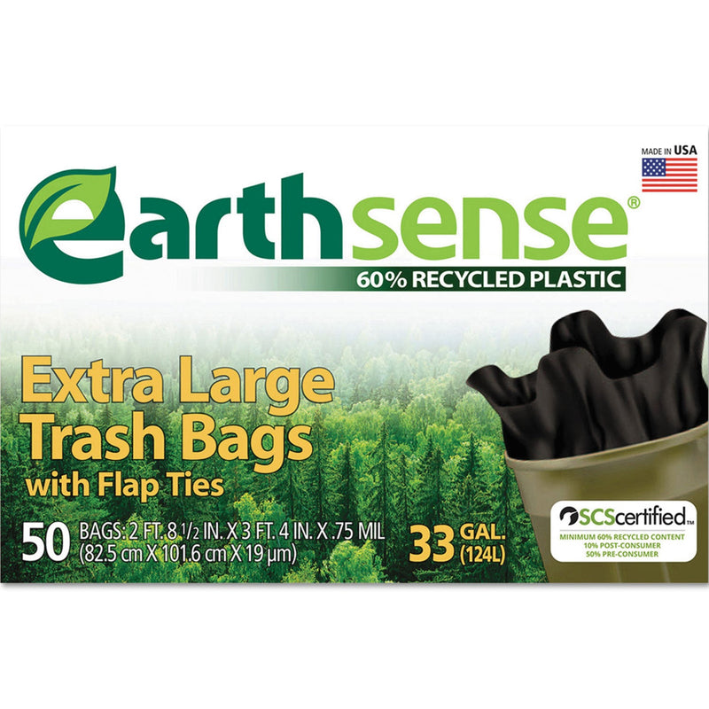 Earthsense Large Trash Bags, 33 gal, 0.75 mil, 32.5" x 40", Black, 50/Box