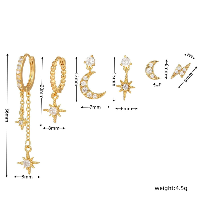 6pcs Celestial Star Moon Earrings Set, S925 Silver Posts, 18K Gold & White Gold Stud Drop Hoop, Stacked Lobe CZ Jewelry Gift Cubic Zirconia