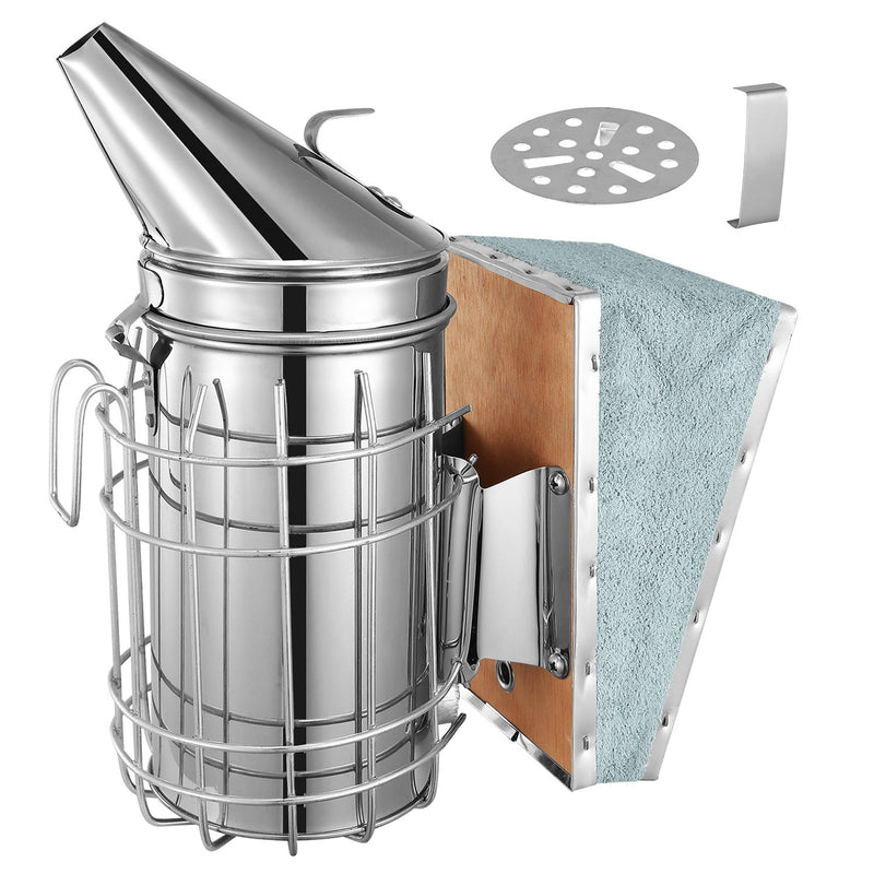 Bee Hive Smoker 11-Inch Heavy Duty Stainless Steel with Metal Heat Shield Storage Hook Beekeeping Equipment Tool