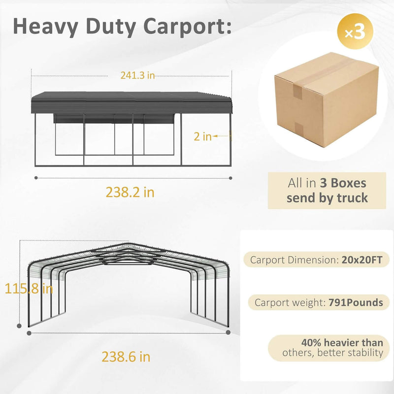 [20X20FT] Alora Heavy Duty Extra Large 2 Car Metal Carport Kit For Cars, Boats, And Trucks (SAK46135)
