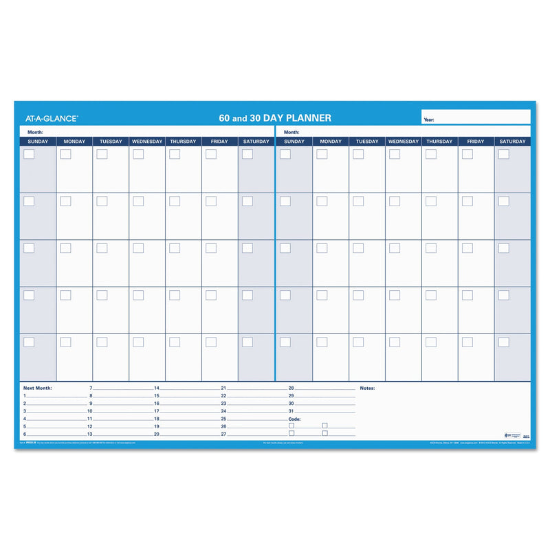 AT-A-GLANCE 30/60-Day Undated Horizontal Erasable Wall Planner, 48 x 32, White/Blue Sheets, Undated