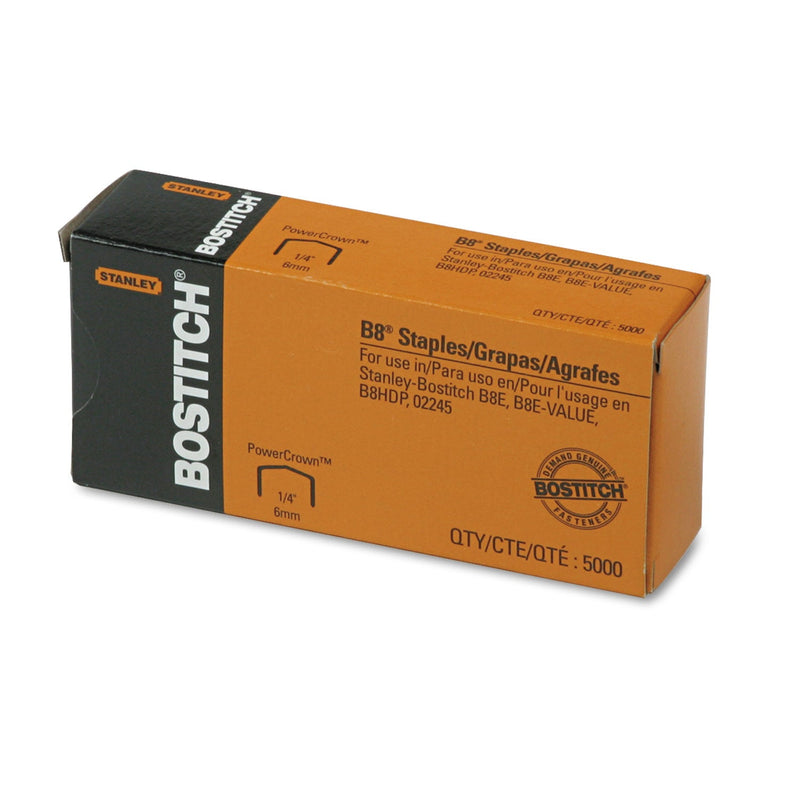 Bostitch B8 PowerCrown Premium Staples, 0.25" Leg, 0.5" Crown, Steel, 5,000/Box