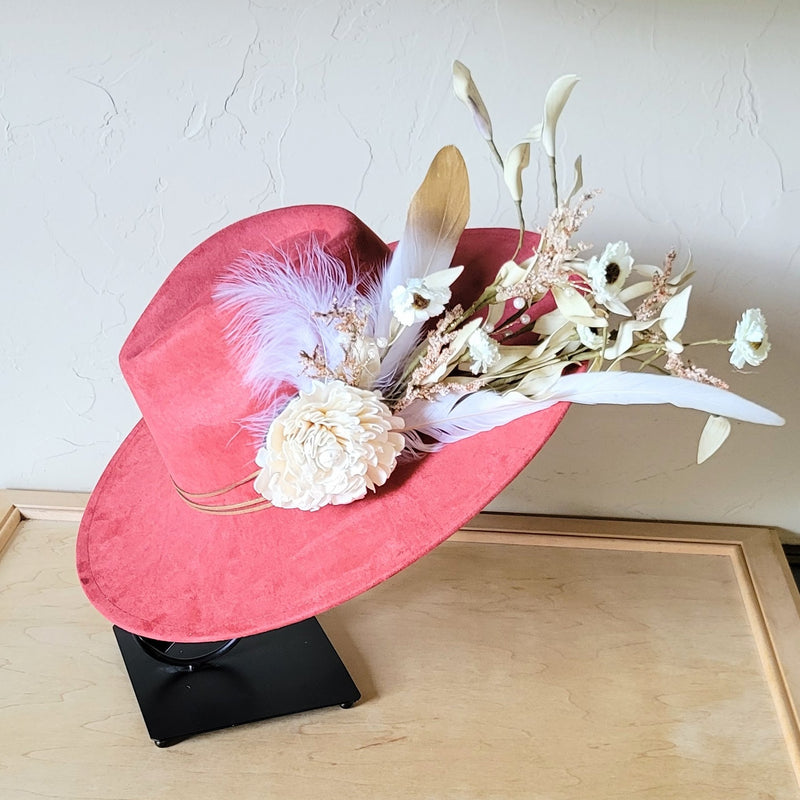 Boho Western Wedding Floral & Feather Bridal Hat in Rust 984i