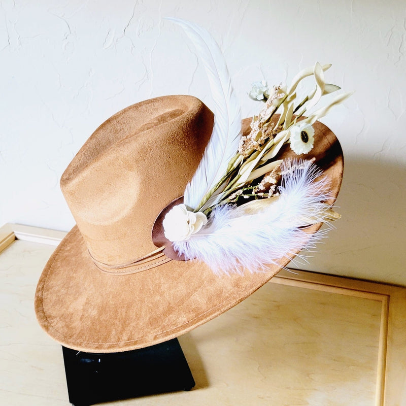 Boho Western Wedding Floral & Feather Bridsmaid Hat in Tan 984p