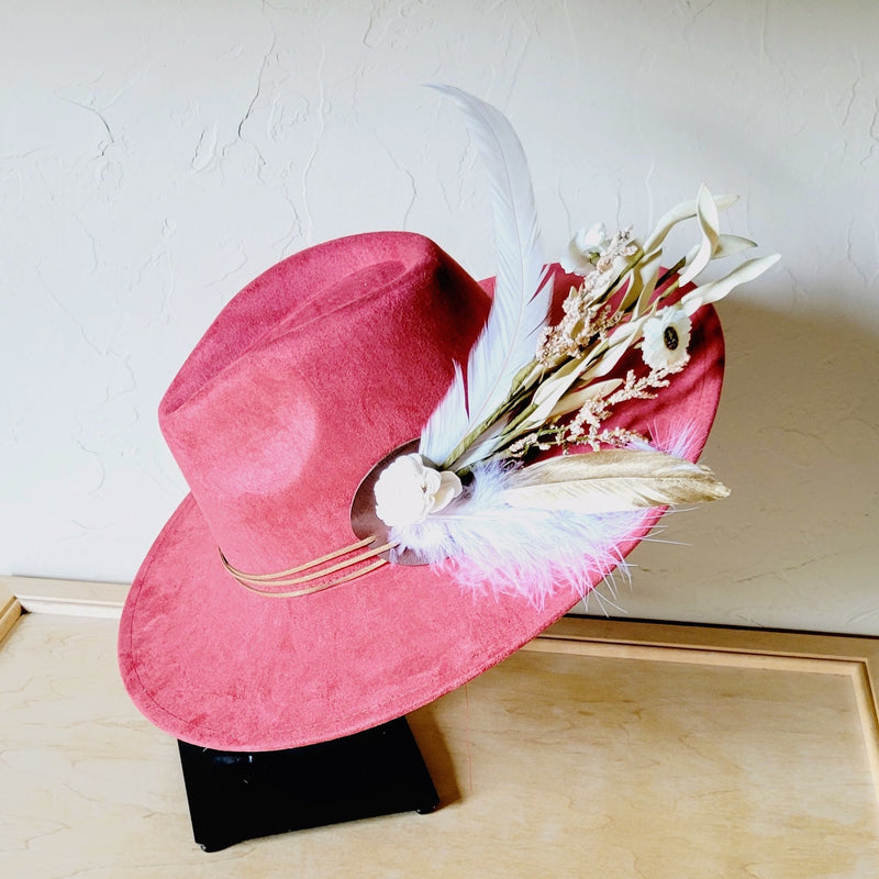 Boho Western Wedding Floral & Feather Bridsmaid Hat in Rust 984q