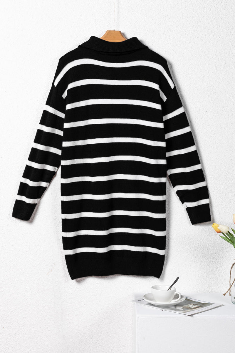 Iris Striped Zip Collared Loose Sweater Mini Dress