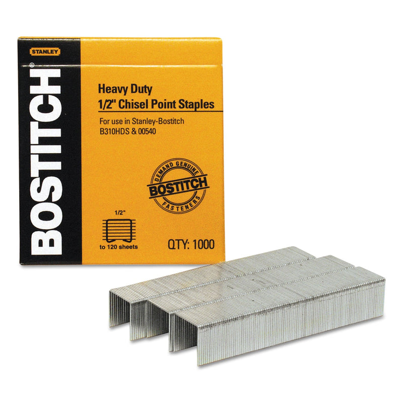 Bostitch Heavy-Duty Premium Staples, 0.5" Leg, 0.5" Crown, Steel, 1,000/Box