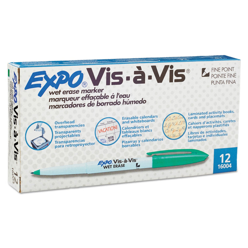 EXPO Vis-a-Vis Wet Erase Marker, Fine Bullet Tip, Green, Dozen