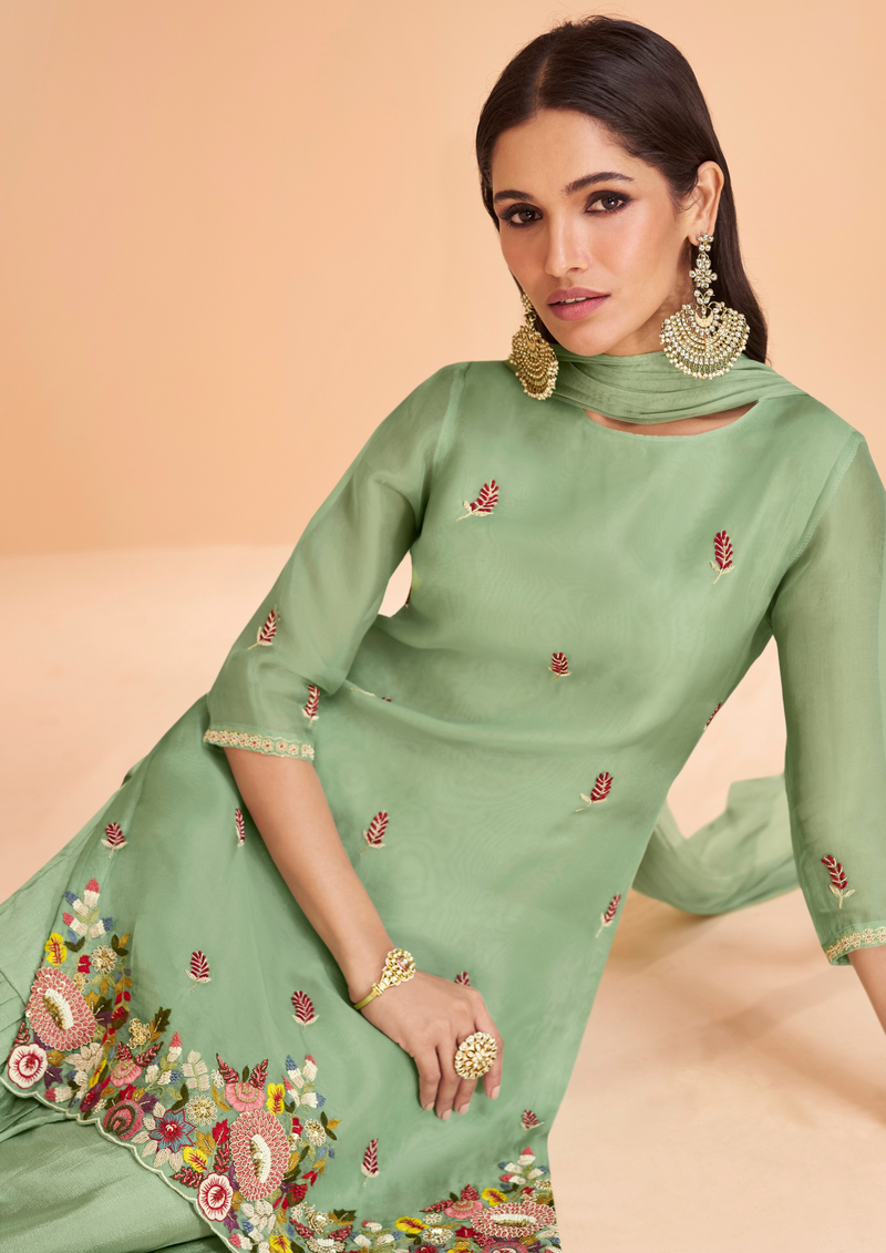 Green Color Embroidered Silk Organza Sharara Suit Set