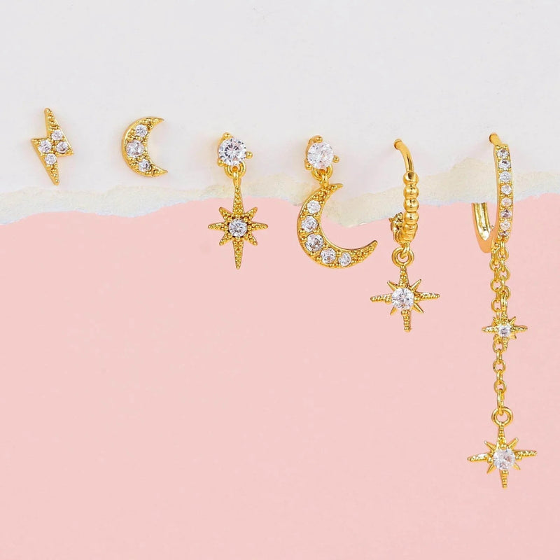 6pcs Celestial Star Moon Earrings Set, S925 Silver Posts, 18K Gold & White Gold Stud Drop Hoop, Stacked Lobe CZ Jewelry Gift Cubic Zirconia