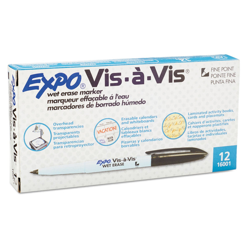EXPO Vis-a-Vis Wet Erase Marker, Fine Bullet Tip, Black, Dozen