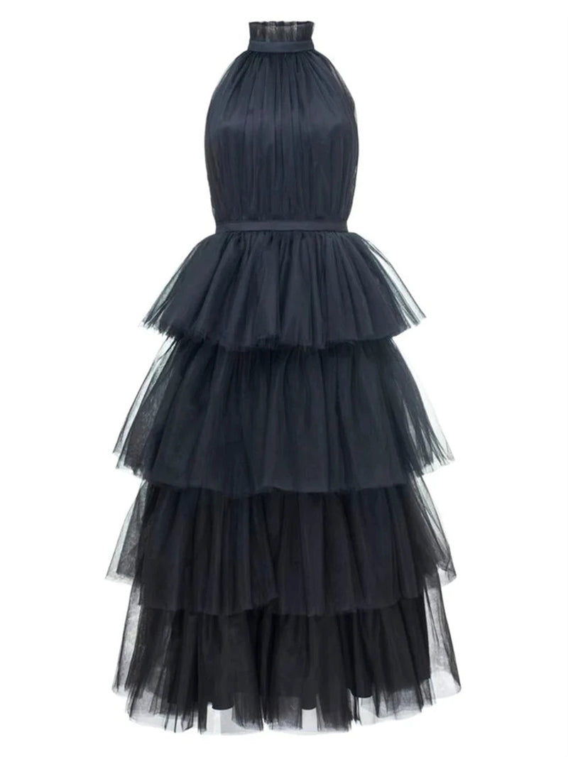 Ruffle Layered tulle Hem Haltered A-line tutu French style long prom dress