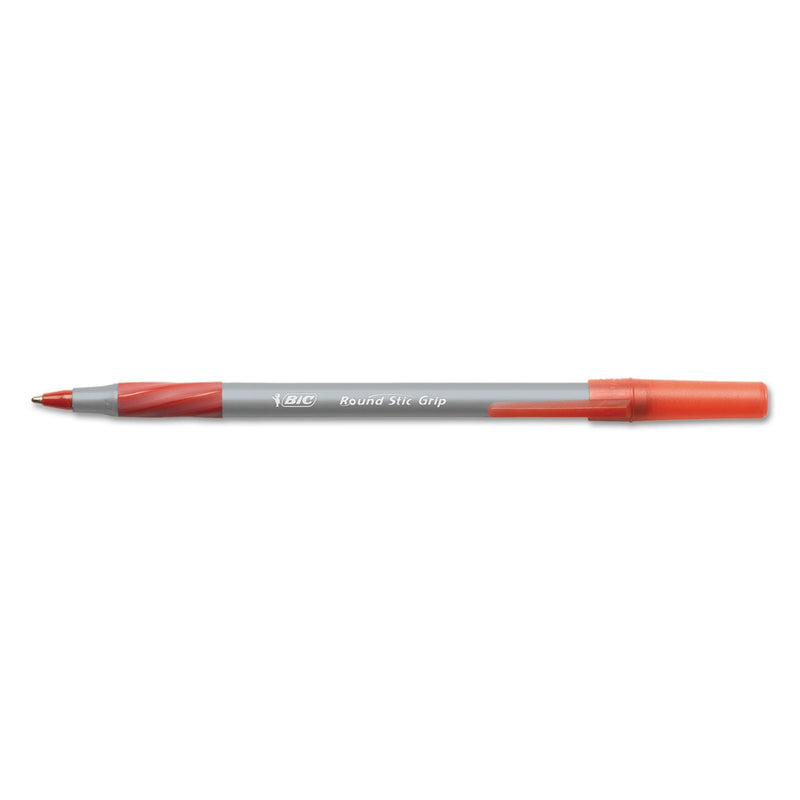 BIC Round Stic Grip Xtra Comfort Ballpoint Pen, Stick, Fine 0.8 mm, Red Ink, Gray/Red Barrel, Dozen