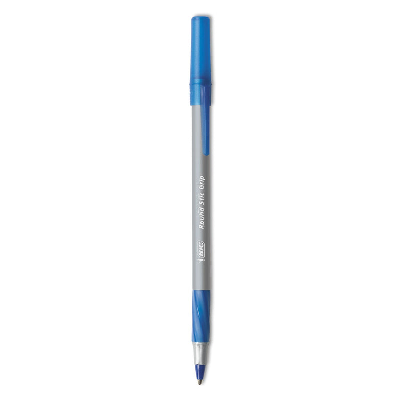BIC Round Stic Grip Xtra Comfort Ballpoint Pen, Easy-Glide, Stick, Medium 1.2 mm, Blue Ink, Gray/Blue Barrel, Dozen