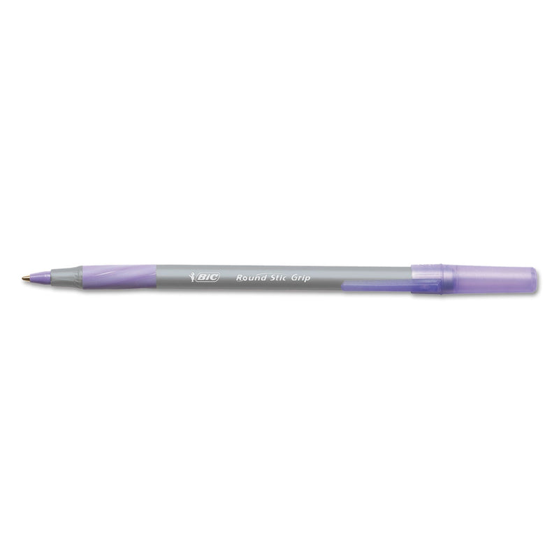 BIC Round Stic Grip Xtra Comfort Ballpoint Pen, Easy-Glide, Stick, Medium 1.2 mm, Purple Ink, Gray/Purple Barrel, Dozen