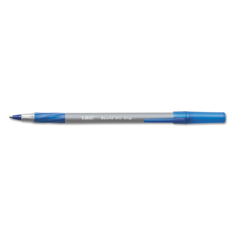 BIC Round Stic Grip Xtra Comfort Ballpoint Pen, Stick, Fine 0.8 mm, Blue Ink, Gray/Blue Barrel, Dozen