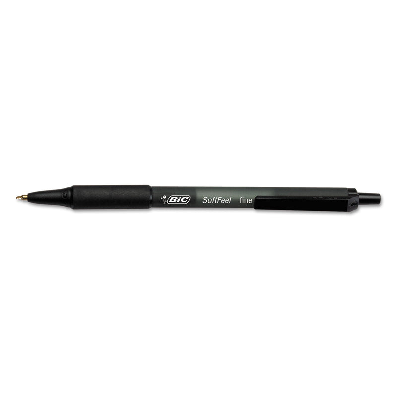 BIC Soft Feel Ballpoint Pen, Retractable, Fine 0.8 mm, Black Ink, Black Barrel, Dozen