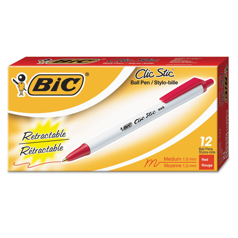 BIC Clic Stic Ballpoint Pen, Retractable, Medium 1 mm, Red Ink, White Barrel, Dozen