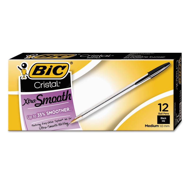 BIC Cristal Xtra Smooth Ballpoint Pen, Stick, Medium 1 mm, Black Ink, Clear Barrel, Dozen