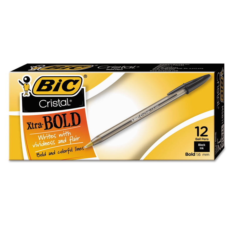 BIC Cristal Xtra Bold Ballpoint Pen, Stick, Bold 1.6 mm, Black Ink, Clear Barrel, Dozen