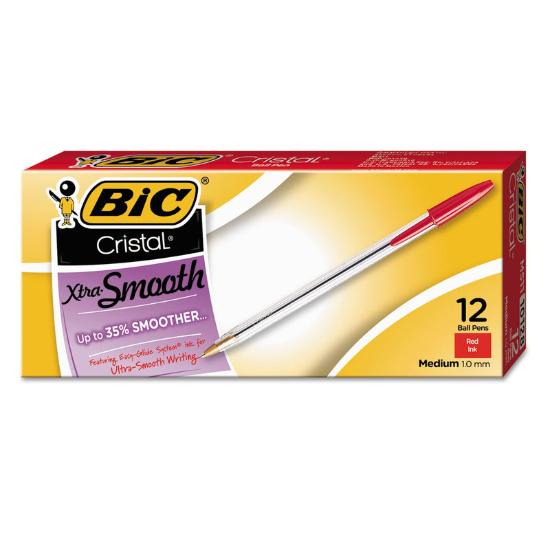 BIC Cristal Xtra Smooth Ballpoint Pen, Stick, Medium 1 mm, Red Ink, Clear Barrel, Dozen