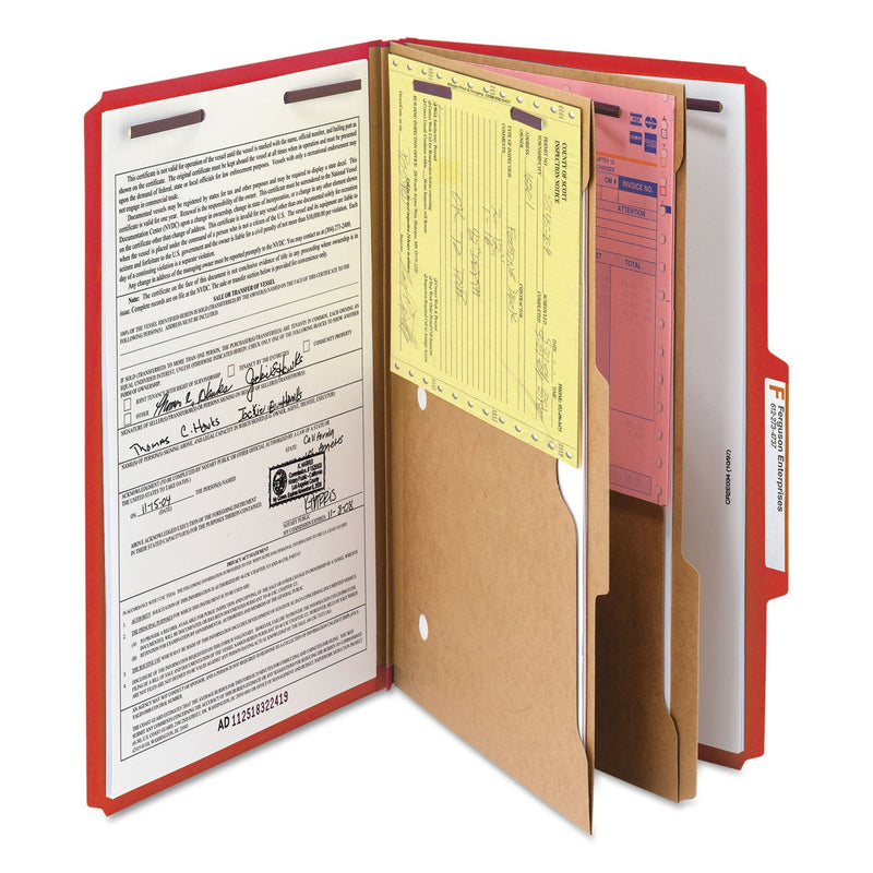 Smead 6-Section Pressboard Top Tab Pocket-Style Classification Folders with SafeSHIELD Fasteners, 2 Dividers, Legal, Red, 10/BX