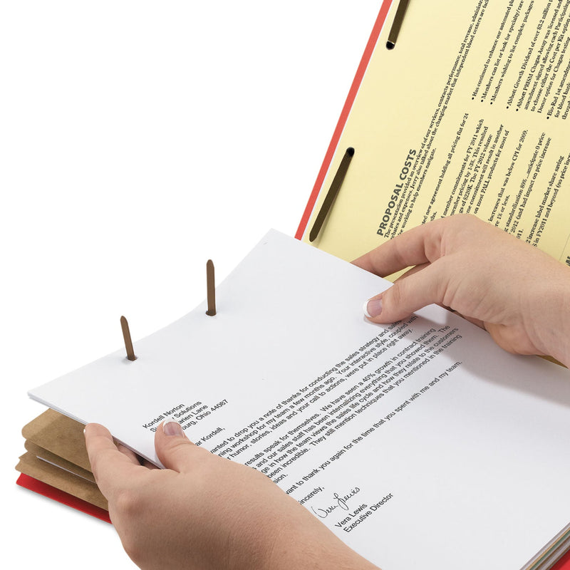 Smead Eight-Section Pressboard Top Tab Classification Folders with SafeSHIELD Fasteners, 3 Dividers, Legal Size, Bright Red, 10/Box