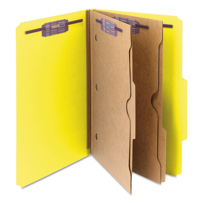 Smead 6-Section Pressboard Top Tab Pocket-Style Classification Folders with SafeSHIELD Fasteners, 2 Dividers, Legal, Yellow, 10/Box