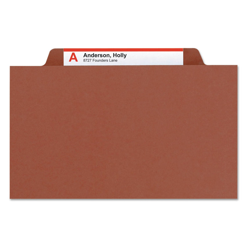 Smead Pressboard Classification Folders with SafeSHIELD Coated Fasteners, 2/5 Cut, 1 Divider, Legal Size, Red, 10/Box