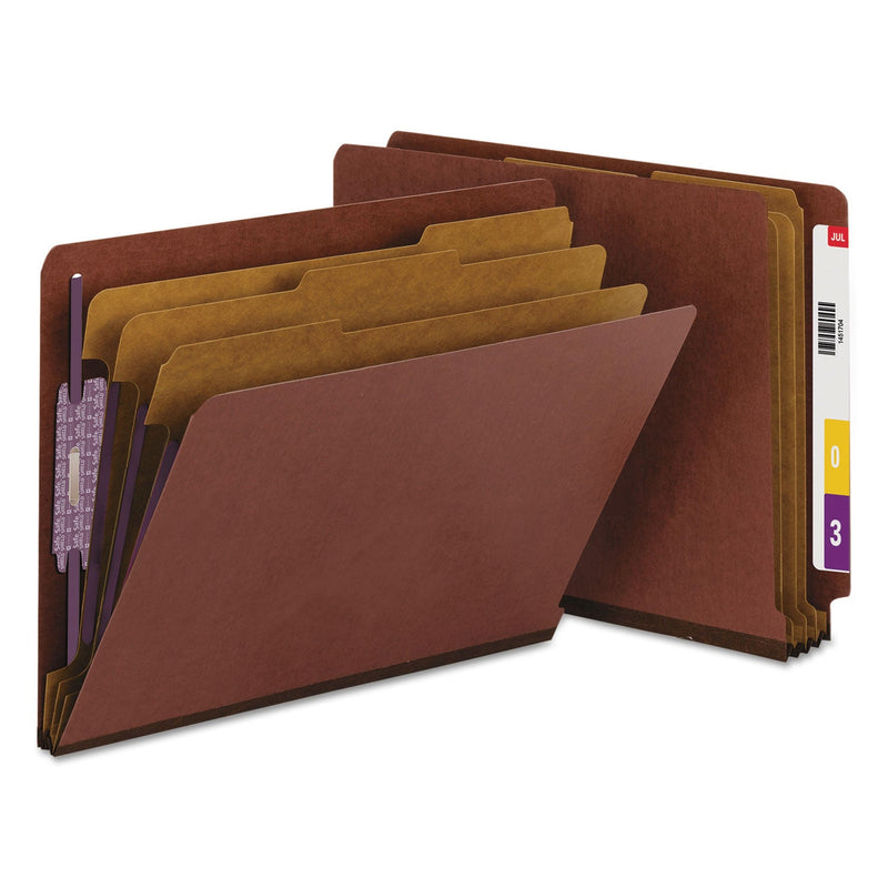 Smead End Tab Pressboard Classification Folders with SafeSHIELD Coated Fasteners, 3 Dividers, Letter Size, Red, 10/Box