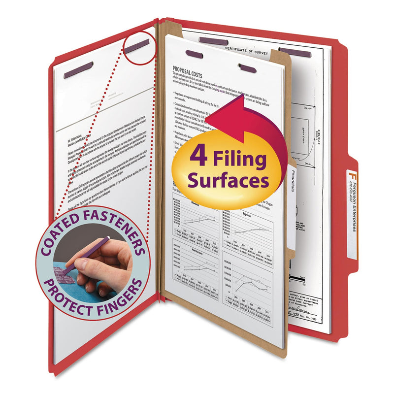 Smead Four-Section Pressboard Top Tab Classification Folders with SafeSHIELD Fasteners, 1 Divider, Legal Size, Bright Red, 10/Box