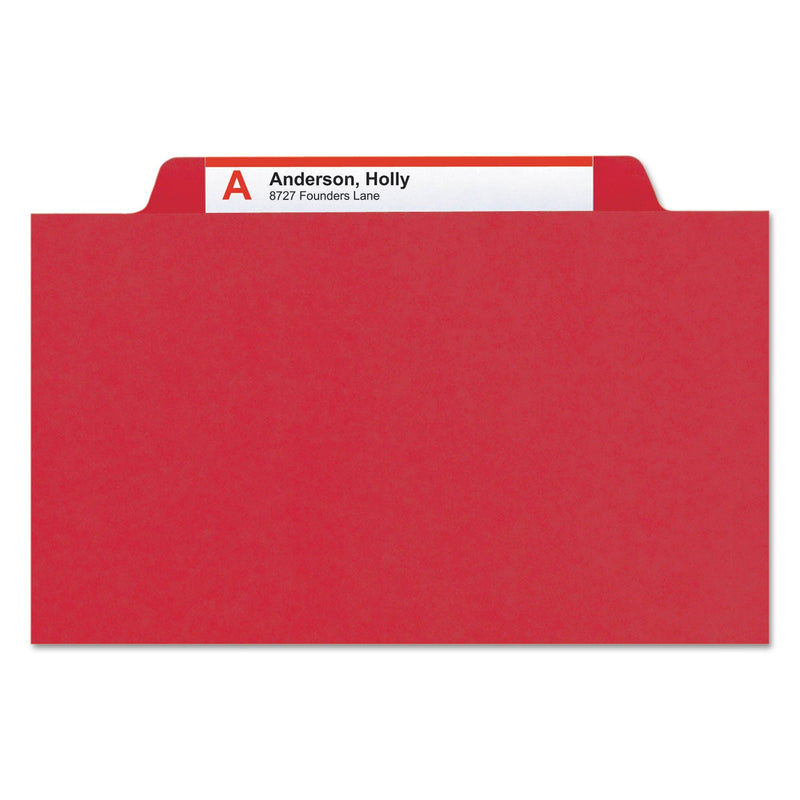 Smead Eight-Section Pressboard Top Tab Classification Folders with SafeSHIELD Fasteners, 3 Dividers, Legal Size, Bright Red, 10/Box