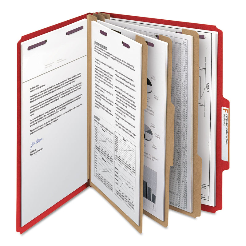 Smead Eight-Section Pressboard Top Tab Classification Folders with SafeSHIELD Fasteners, 3 Dividers, Letter Size, Bright Red, 10/BX