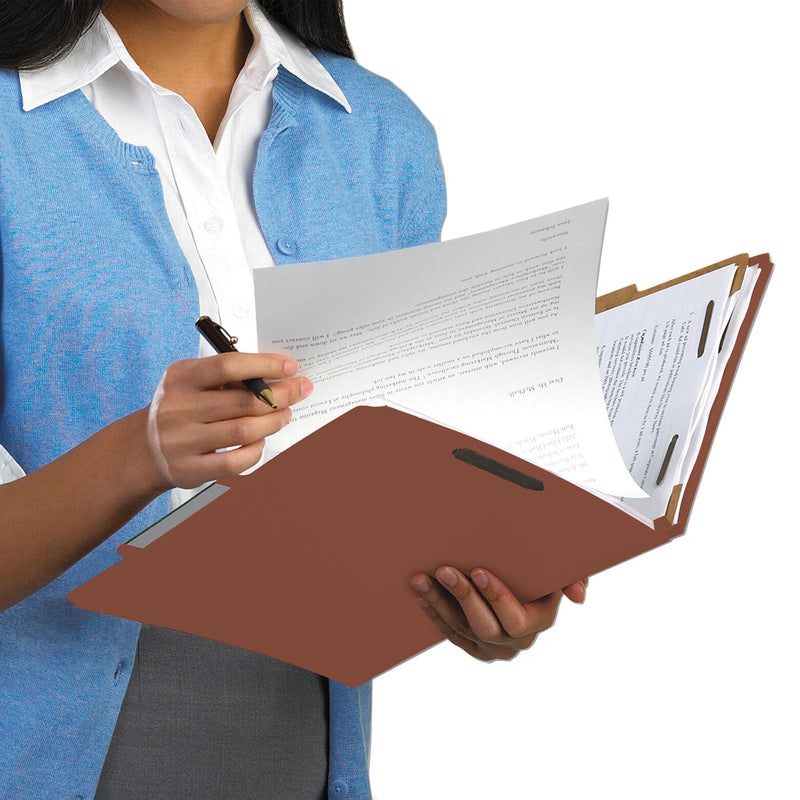 Smead 100% Recycled Pressboard Classification Folders, 3 Dividers, Legal Size, Red, 10/Box