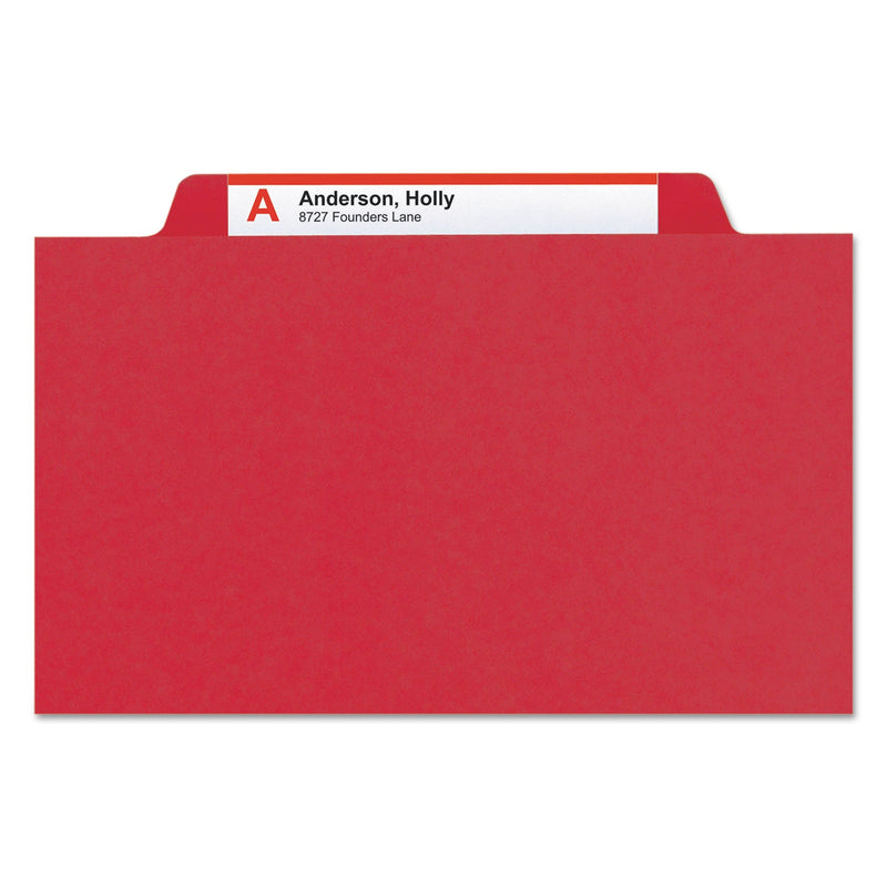 Smead Eight-Section Pressboard Top Tab Classification Folders with SafeSHIELD Fasteners, 3 Dividers, Letter Size, Bright Red, 10/BX