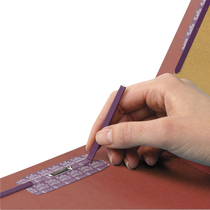 Smead End Tab Pressboard Classification Folders with SafeSHIELD Coated Fasteners, 3 Dividers, Letter Size, Red, 10/Box