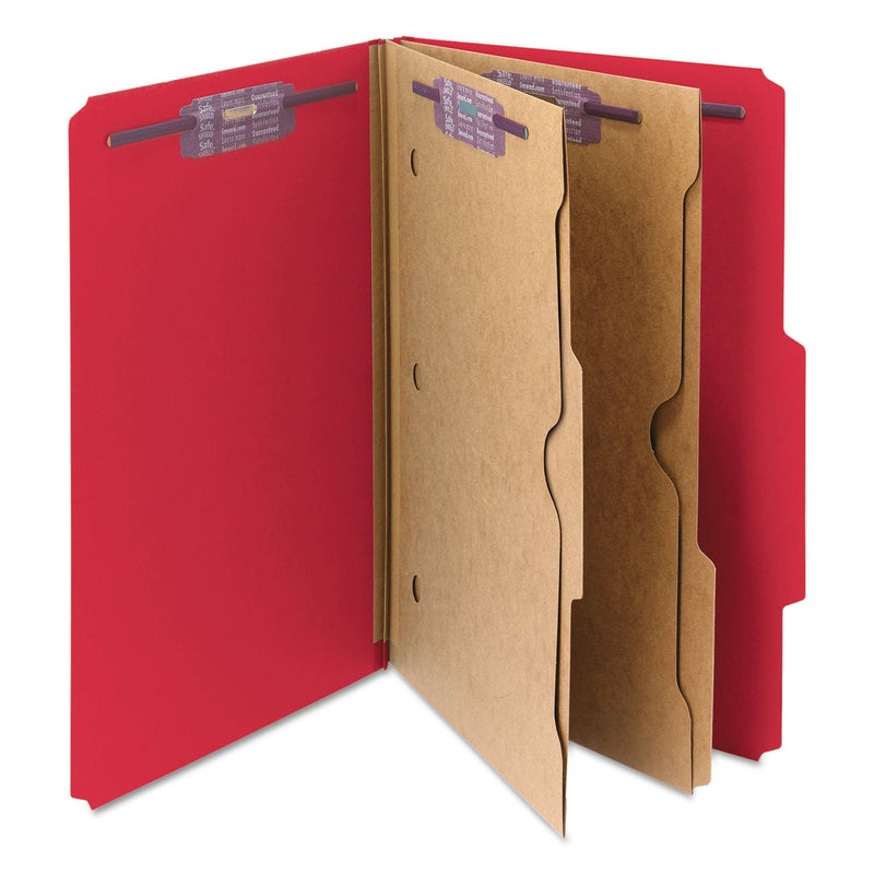 Smead 6-Section Pressboard Top Tab Pocket-Style Classification Folders with SafeSHIELD Fasteners, 2 Dividers, Legal, Red, 10/BX