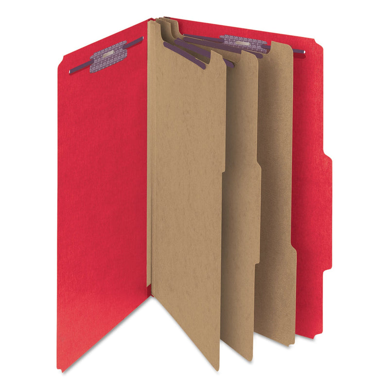Smead Eight-Section Pressboard Top Tab Classification Folders with SafeSHIELD Fasteners, 3 Dividers, Legal Size, Bright Red, 10/Box