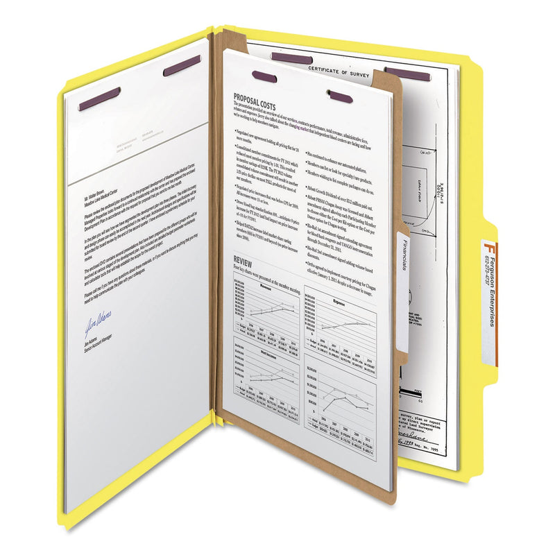 Smead Four-Section Pressboard Top Tab Classification Folders with SafeSHIELD Fasteners, 1 Divider, Legal Size, Yellow, 10/Box